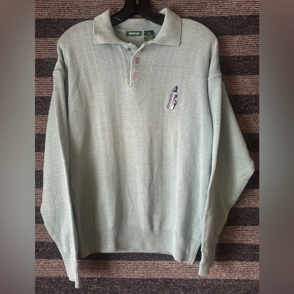 Vintage 90’s Women’s Mint Colour Collared Golf Sweater Oversized Small